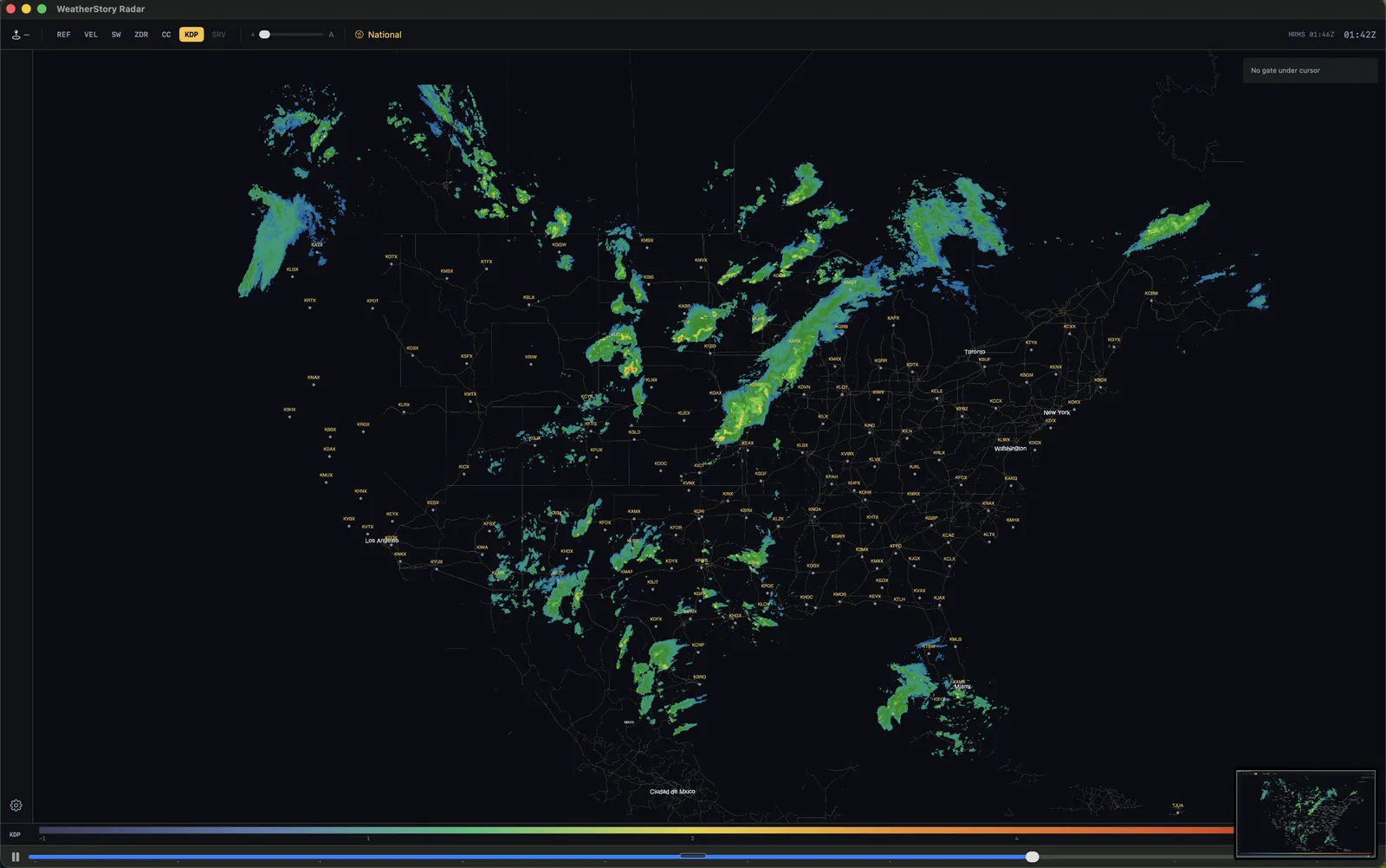 The full CONUS radar mosaic with green and blue precipitation echoes across the United States on a near-black basemap.