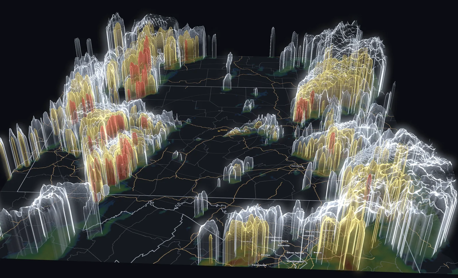 Storm structure rendered in three dimensions: nested translucent reflectivity surfaces standing over a dark map of the mid-Atlantic, with county lines and city labels visible through them.