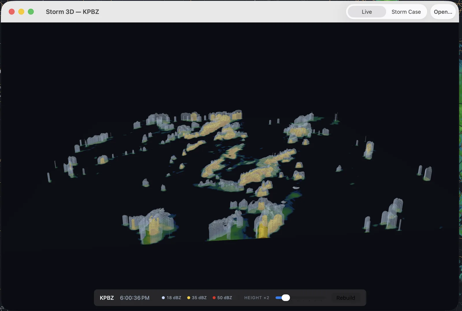 The Storm 3D window showing reflectivity surfaces with a legend reading 18 dBZ, 35 dBZ and 50 dBZ.